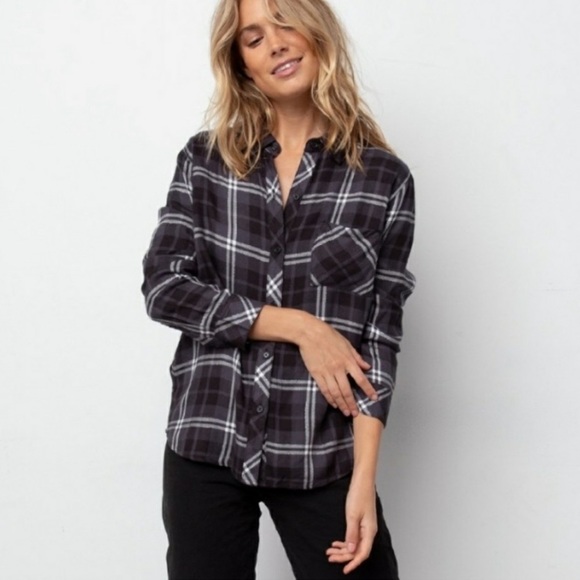 Rails Hunter plaid rayon button down long sleeved top onyx, crimson & white M - Picture 1 of 12